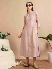 Blush Pink Cherry Silk Solid Embroidered A-Line Kurti